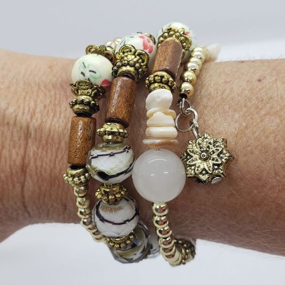 Fashion Jewelry Jewelry - 50% Off 3 Or More Boho Beaded Wrap Bracelet Gold Tone Cream & Brown Beads